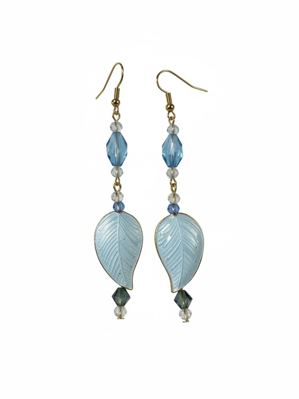 Hand Crafted Light Blue Leaf & Crystal Dangle Earrings